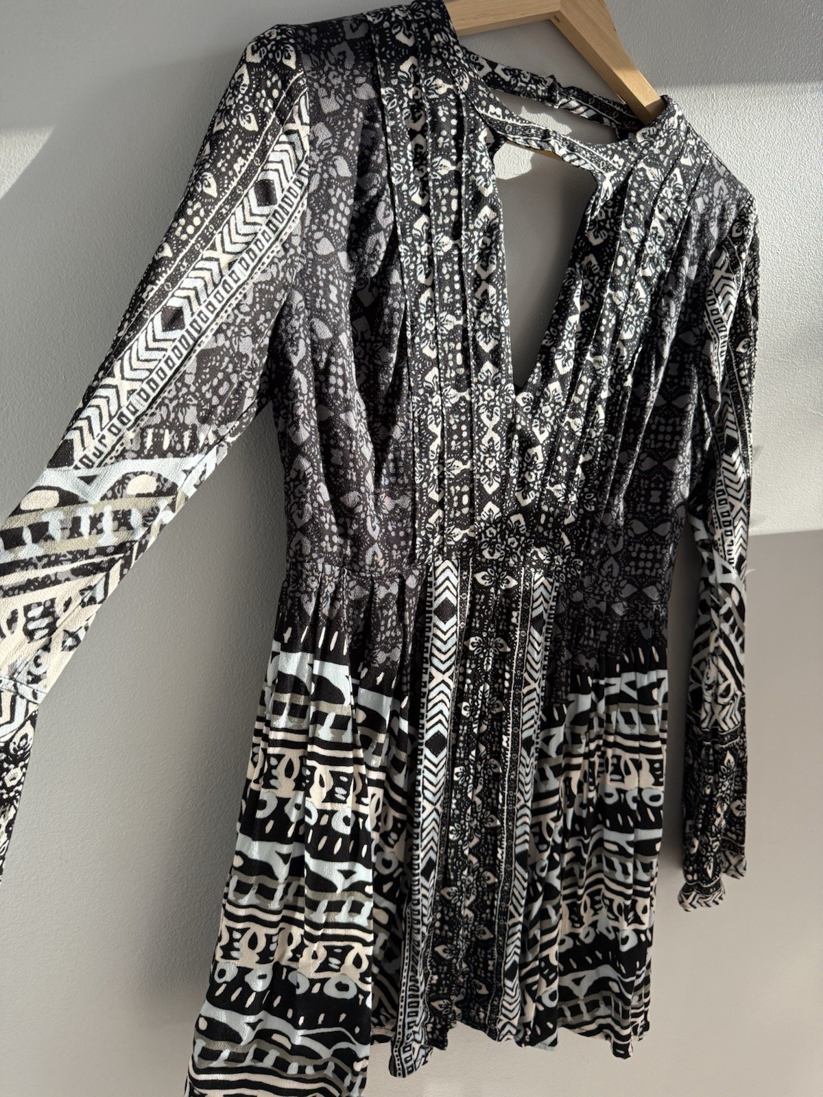 Free People Tegan Border Print Mini Dress Women’s 6 Swing Keyhole Boho Pockets