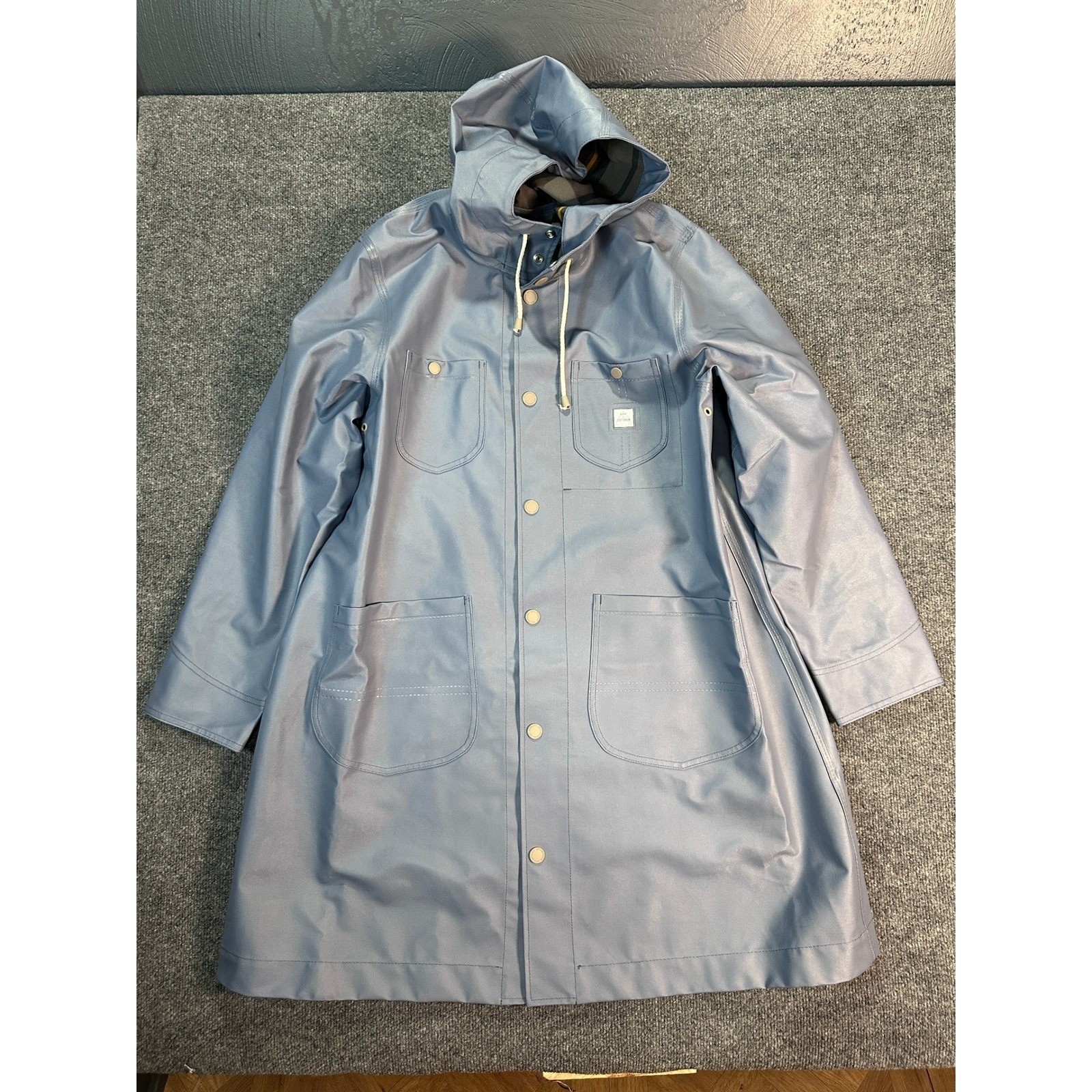 NWT Lee x Stutterheim Trench Coat Ash Blue Rubberized Rain Jacket Hooded Size XL