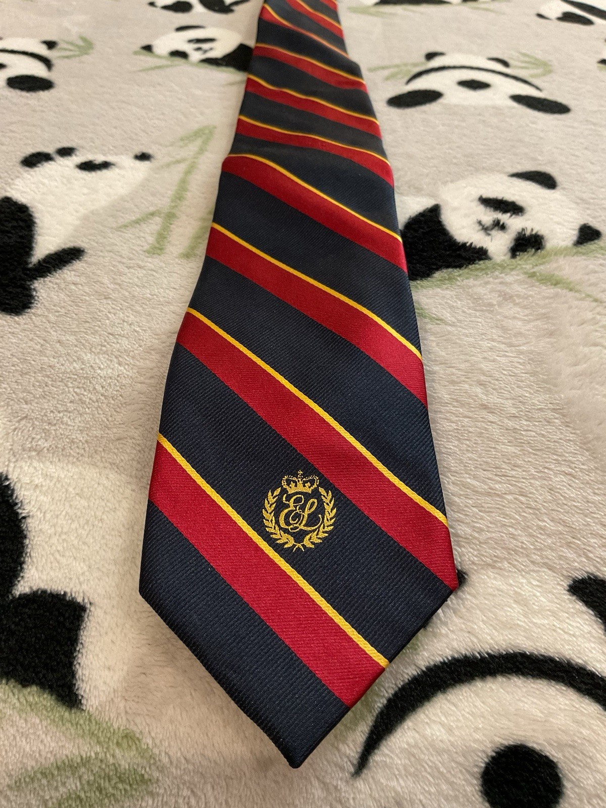 E Land Men’s Tie 3.25″ Red Navy Yellow Repp Stripe Necktie Logo