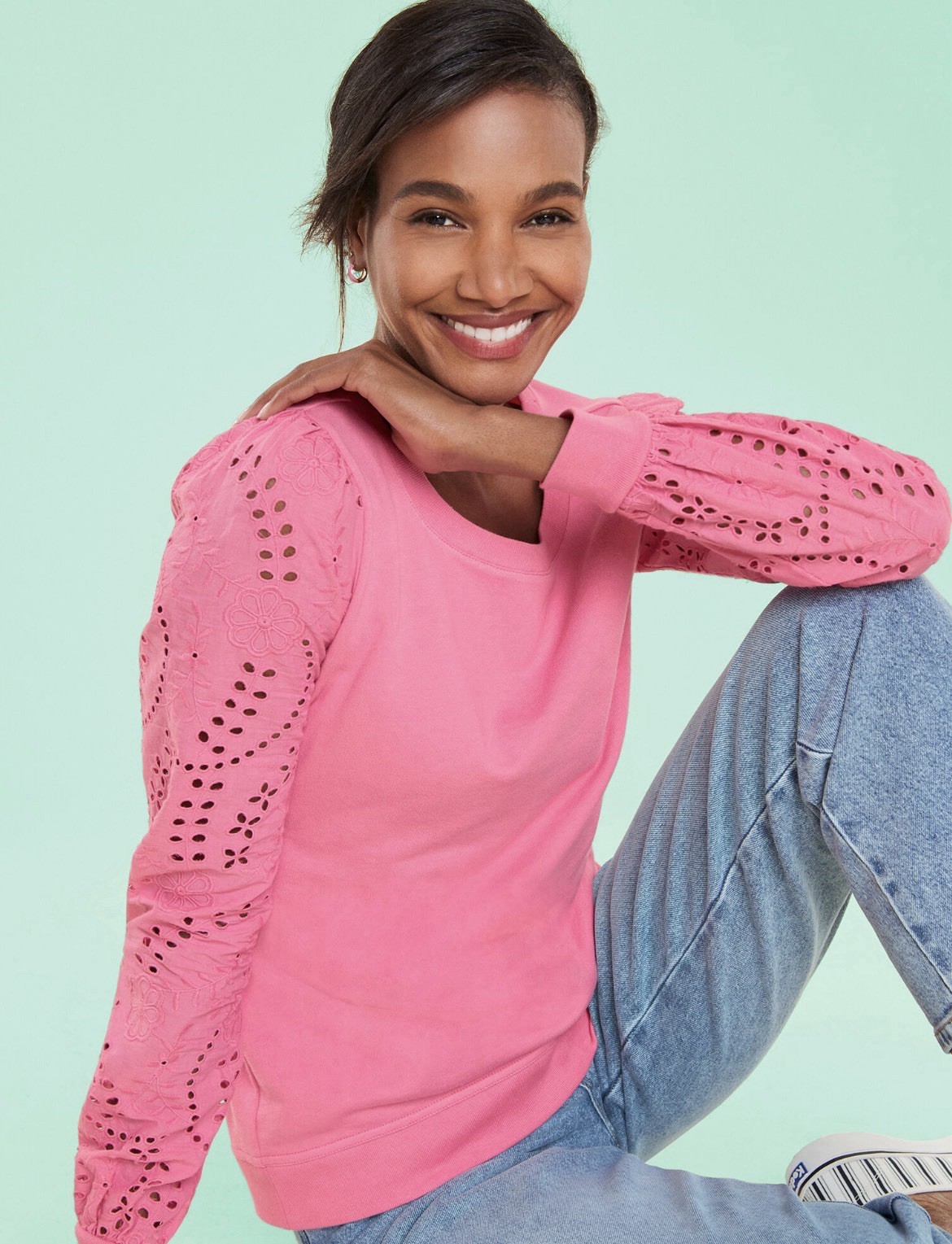 Talbots EYELET SLEEVE CREWNECK SWEATSHIRT – AURORA PINK Small Petite 100% COTTON