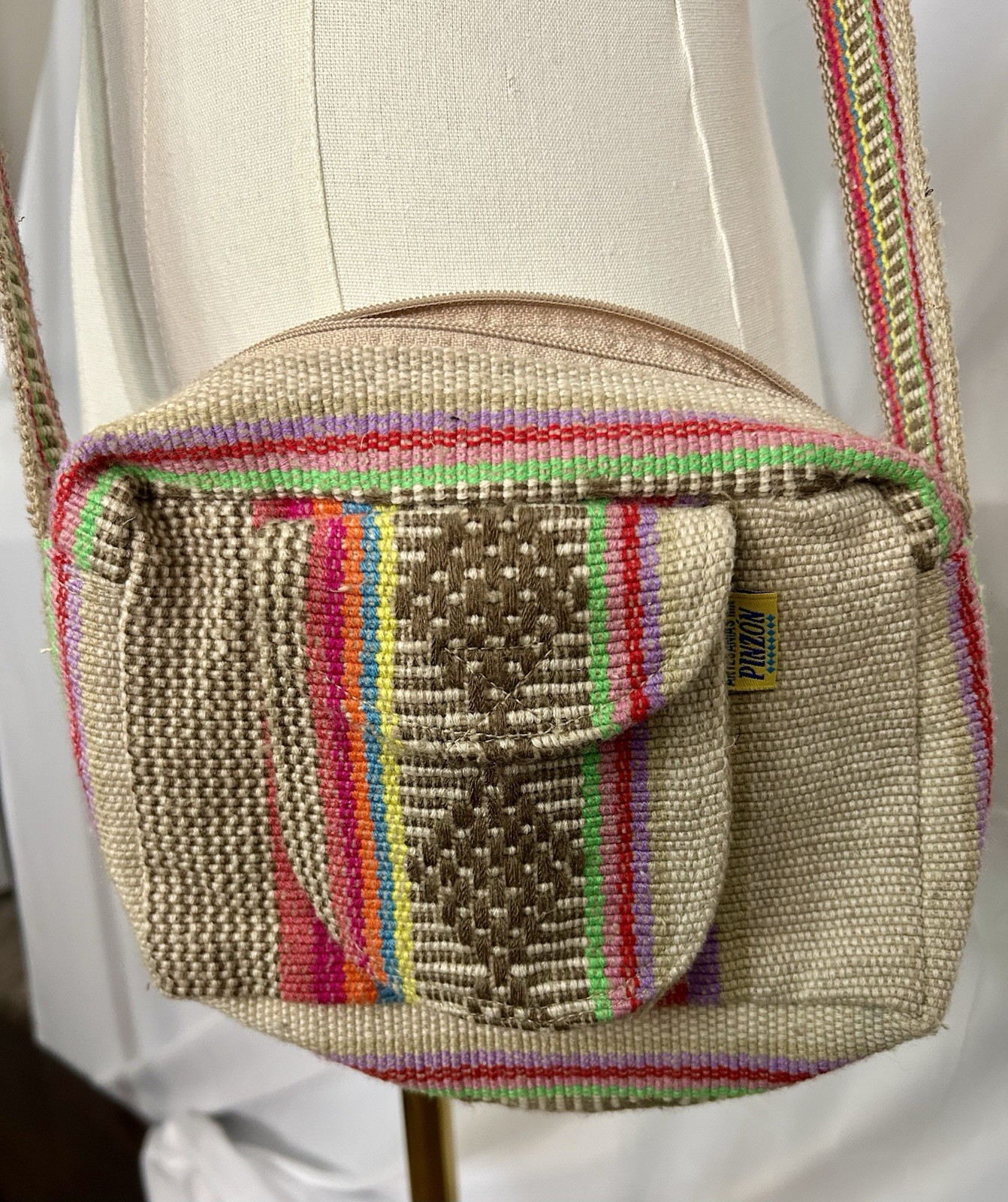 PINZON Woven Striped Beige Multicolor Crossbody Bag Zip, Adjustable Strap