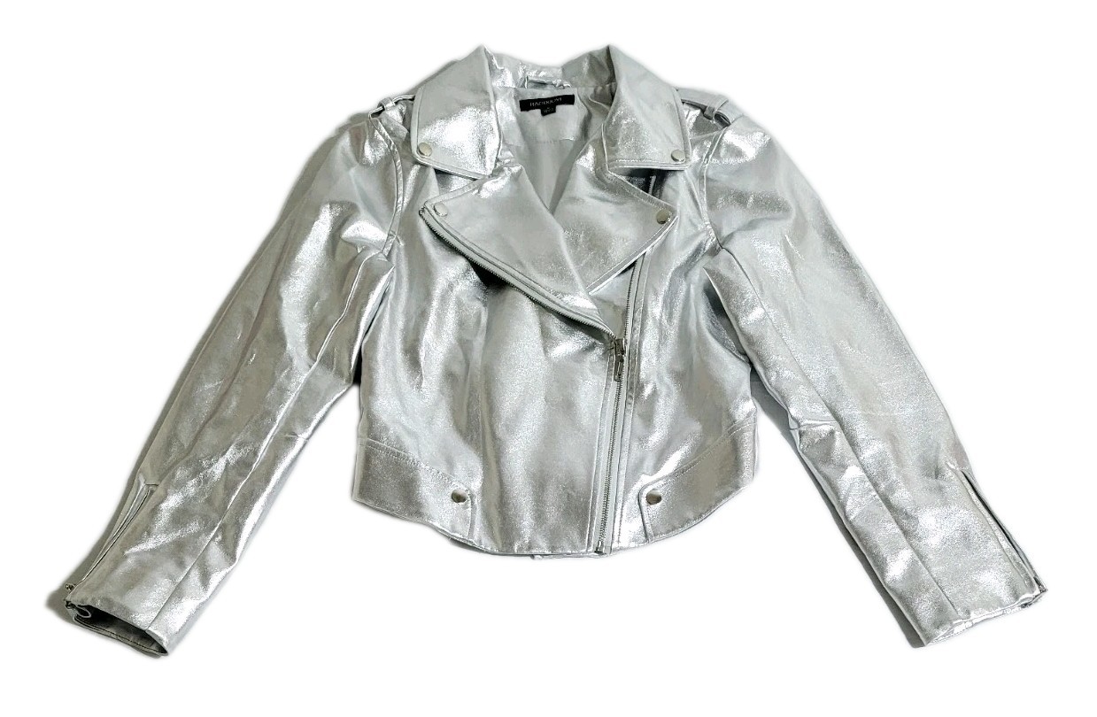 Haoduoyi Womens Size M Silver Metallic Faux Leather Full Zip Long Sleeve Jacket
