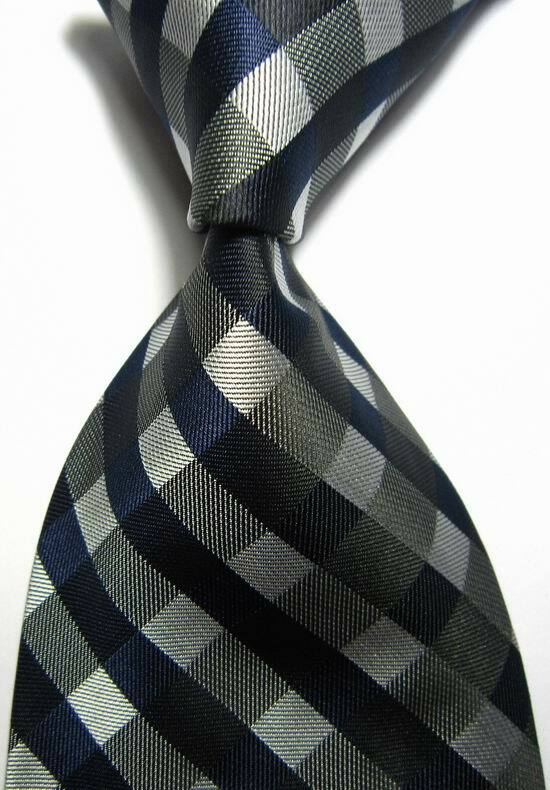 Hot! Classic Plaids Dark Blue White JACQUARD WOVEN 100% Silk Men’s Tie Necktie