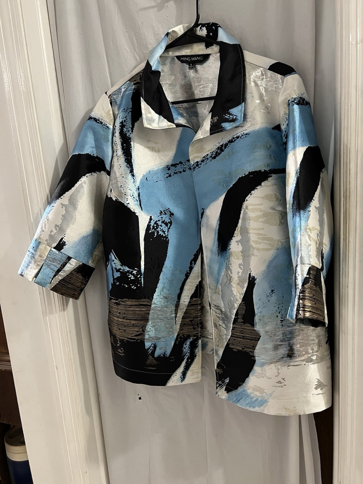 Ming Wang Blue Black Abstract Print Open Front Jacket Sz L
