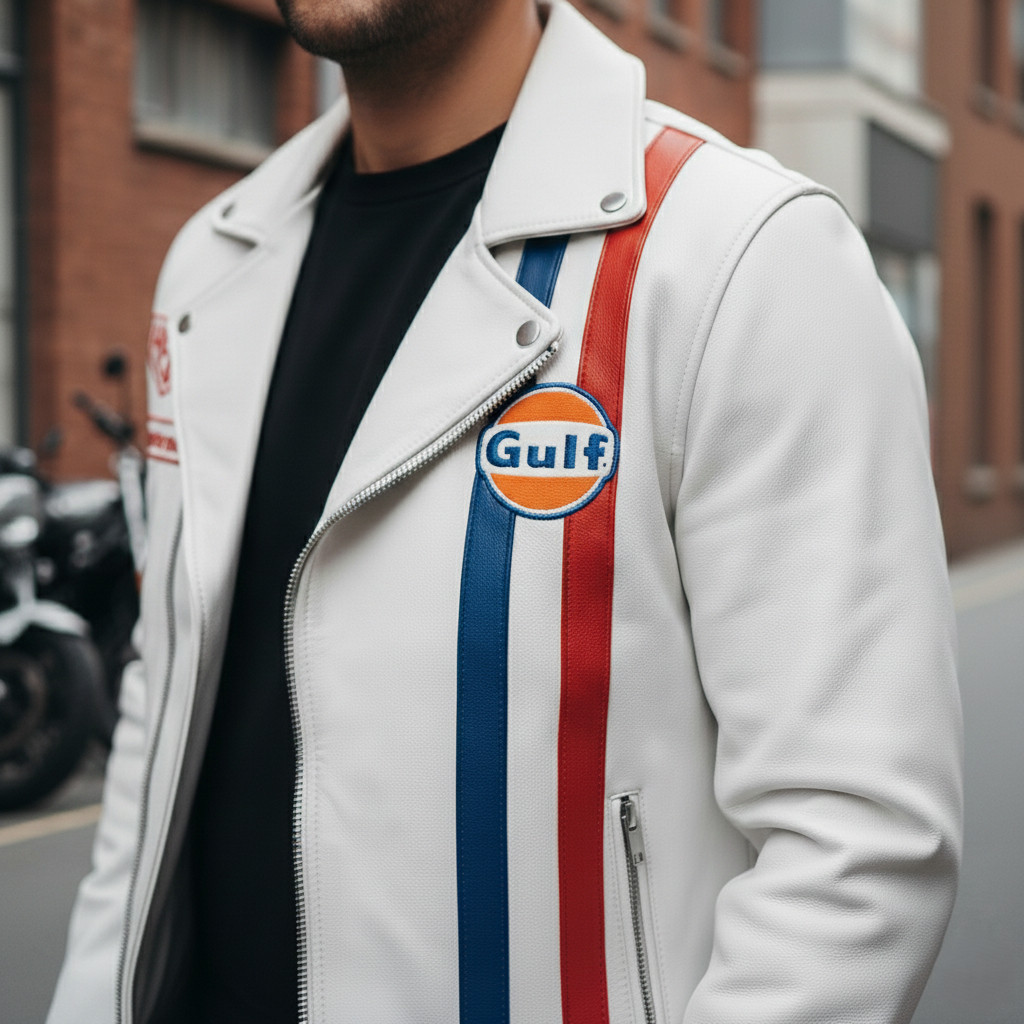 Gulf White Racing Leather Jacket Mens RD Style Biker Asym Zip Quilted