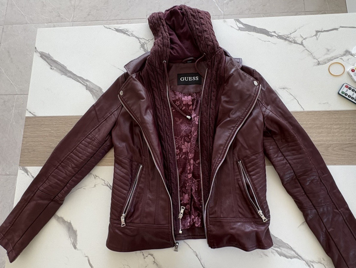 GUESS Women’s S Burgundy Faux Leather Hooded Moto Biker Jacket Full Zip Lined