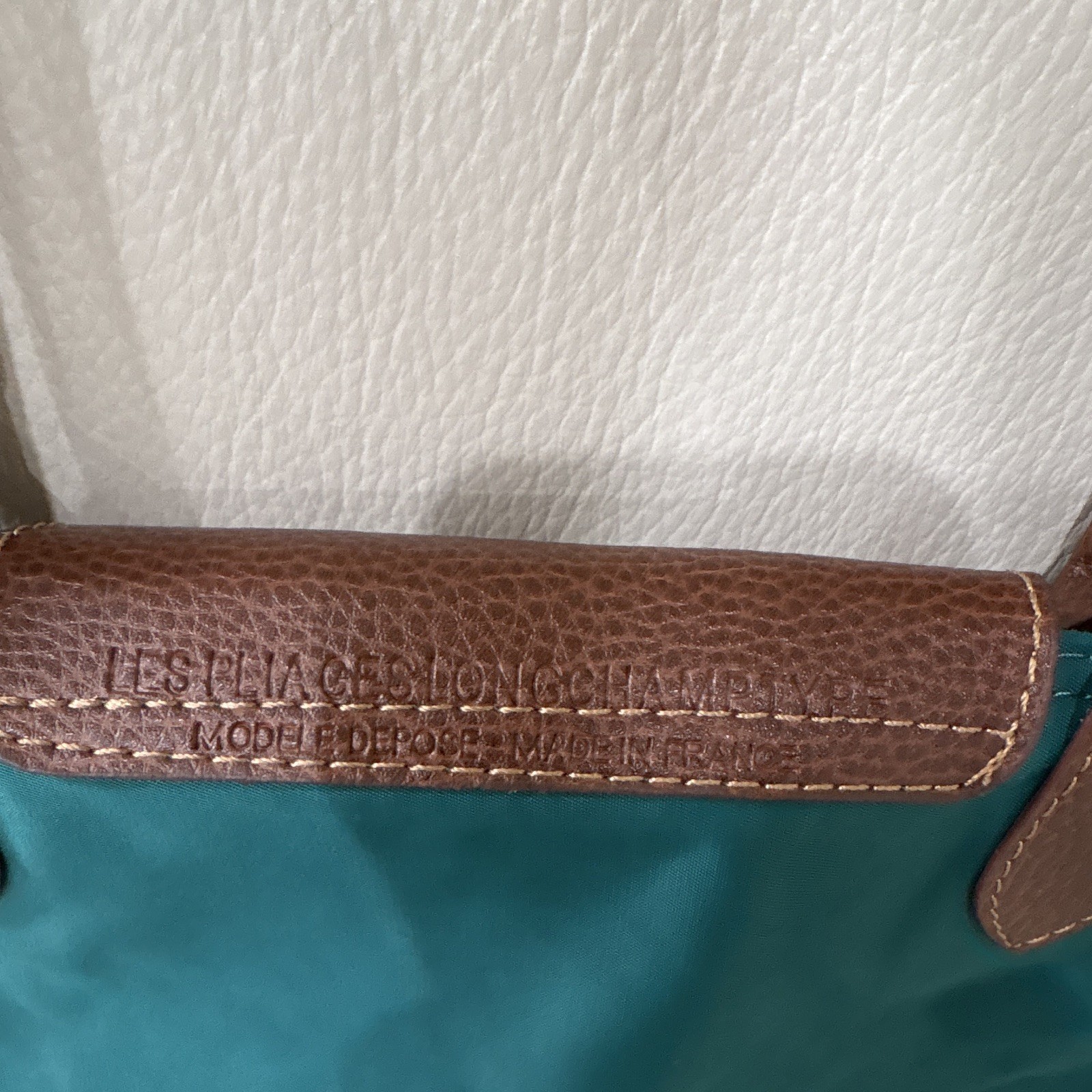 Longchamp Teal Solid Tote Bag Zip Snap, Pockets, Brown Top Handle, Gold