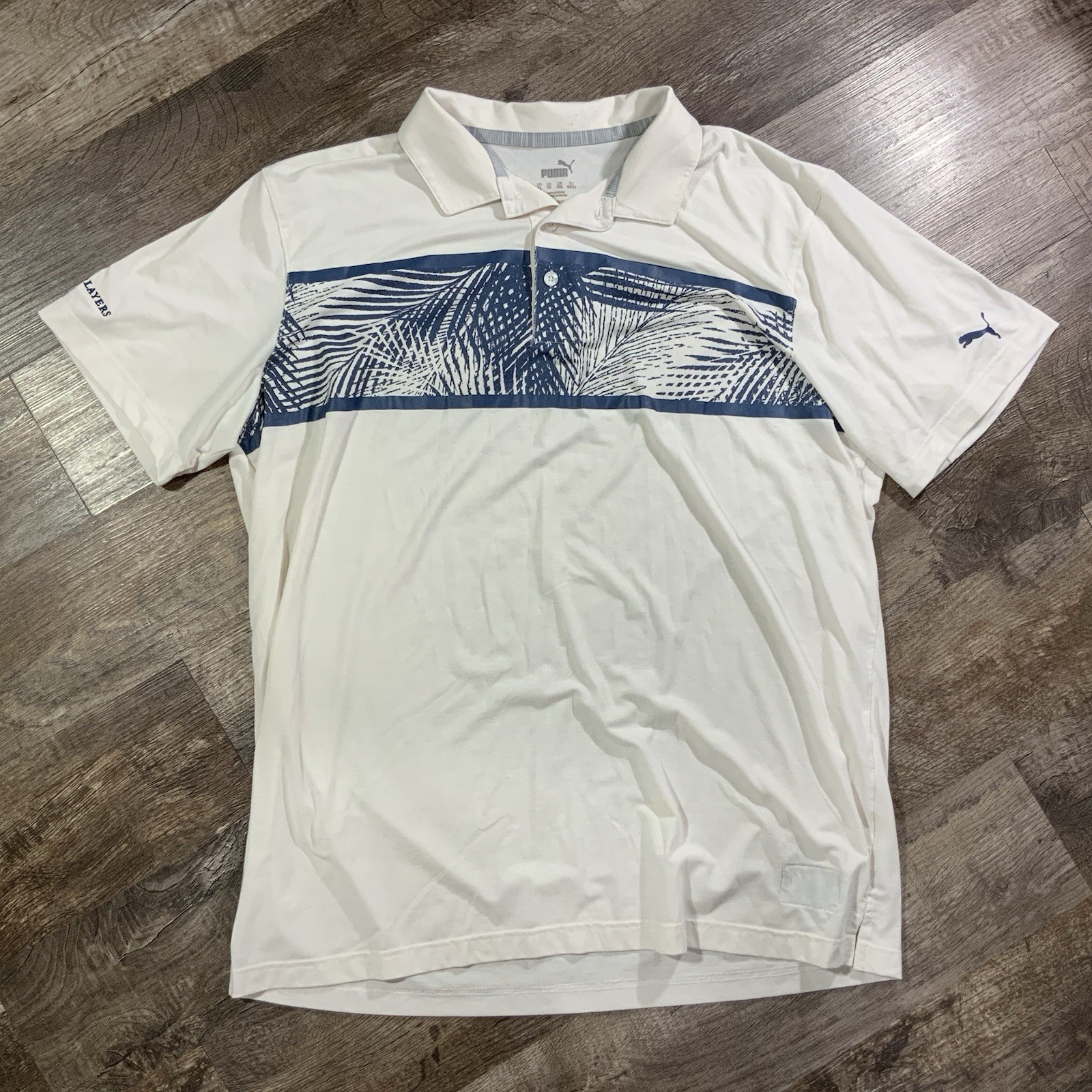 Puma Golf Polo Shirt Men’s XL Tournament Edition White Navy Blue Tropical Leaf