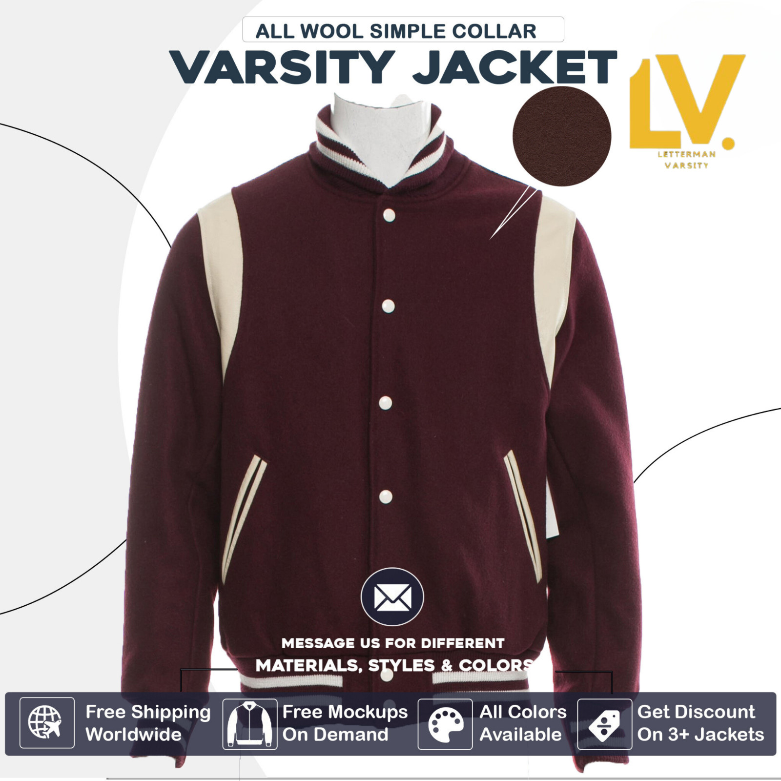 Varsity Letterman Jacket For Men, Women & Kids Brown Body White Striped Shoulder