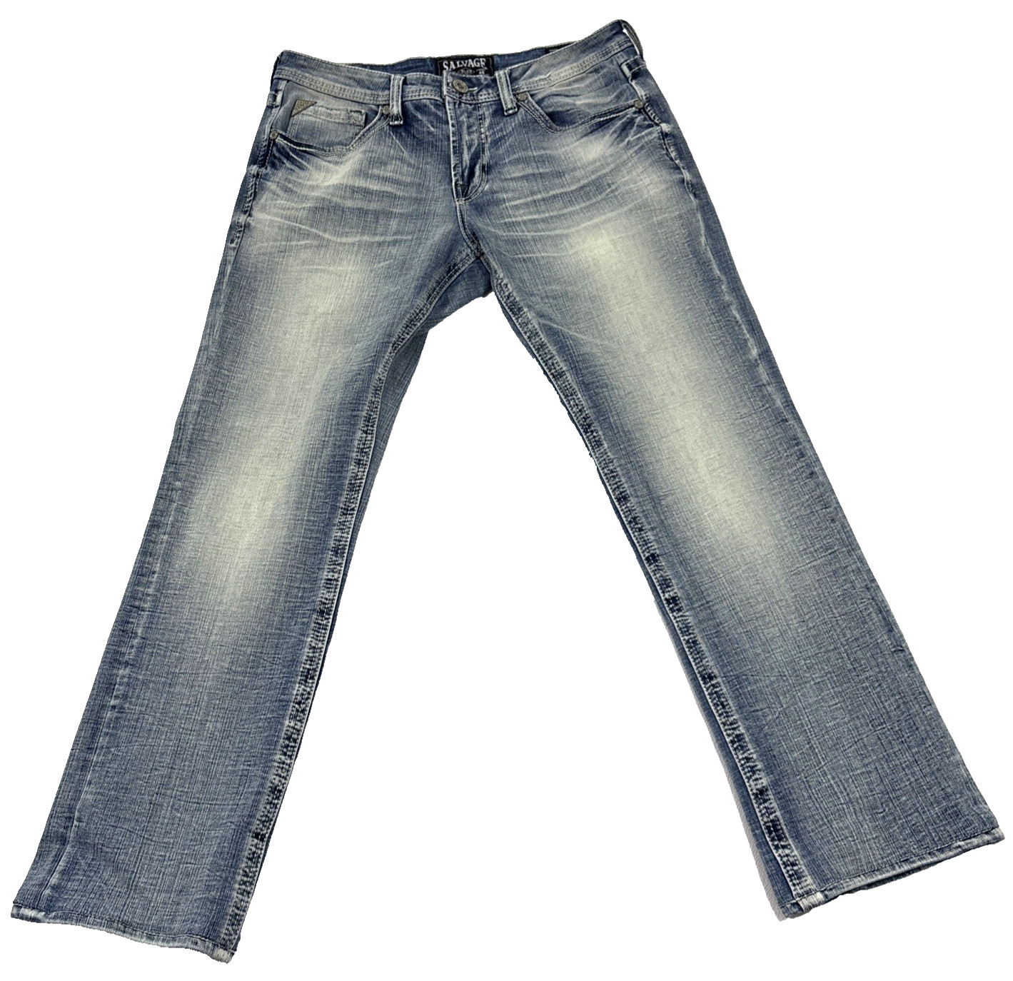 Salvage Buckle Mayhem Jeans Mens 33R Straight Fit Light Wash Whiskered Denim EUC