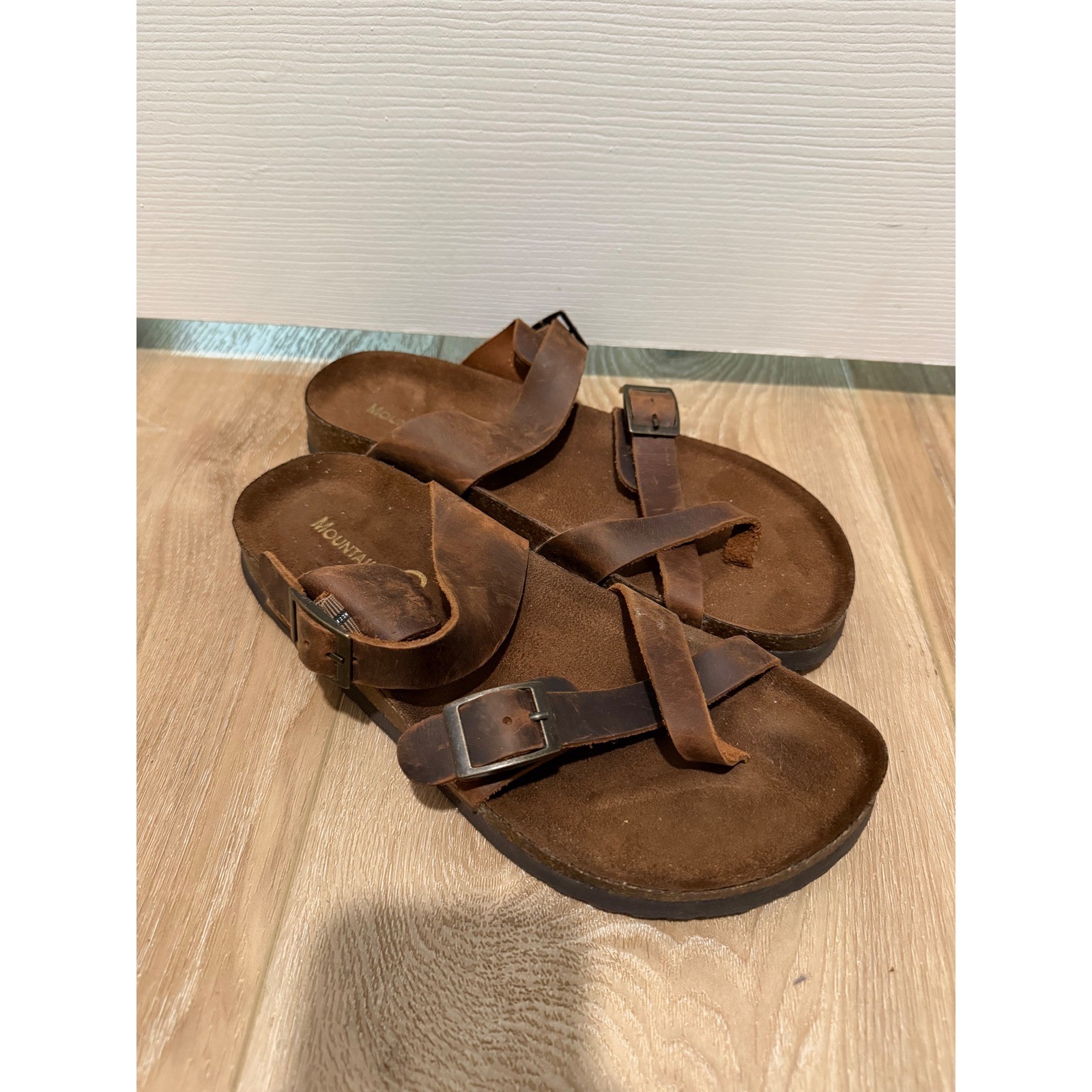 Mountain Sole Brown Leather Slide Sandals Cork Footbed Buckle Straps Boho Womens