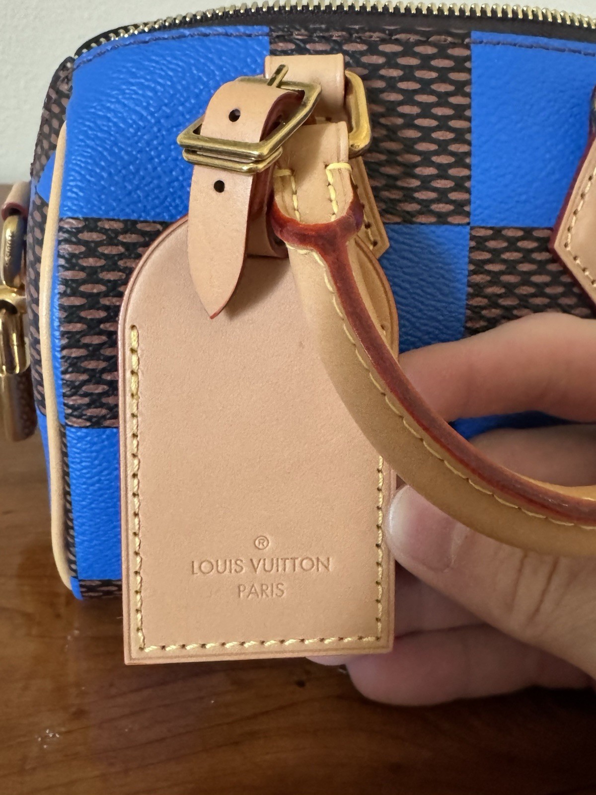Louis Vuitton Nano Speedy Blue Brown Checkered Satchel w/ Strap, Dust Bag