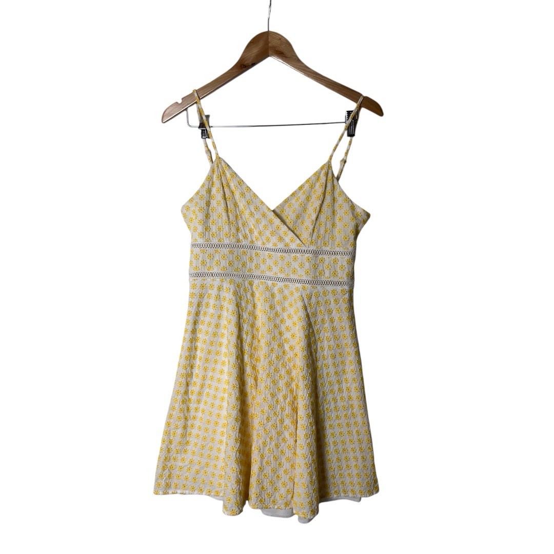 Vintage Y2K Yellow White Floral Embroidered Twee Dress M 1785