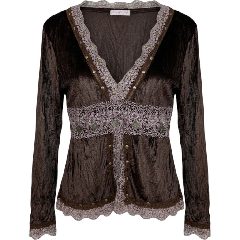 Pretty Angel Silk Blend Velvet Top Brown Lace Coin Trim Y2K Forest Fairy Grunge