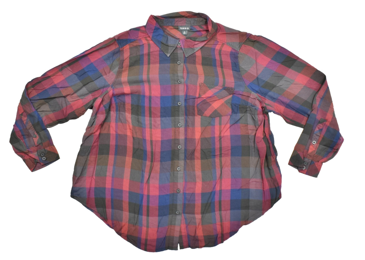 Torrid Women’s Size 2 Plaid Button Down Shirt Red Blue Purple Long Sleeve Rayon