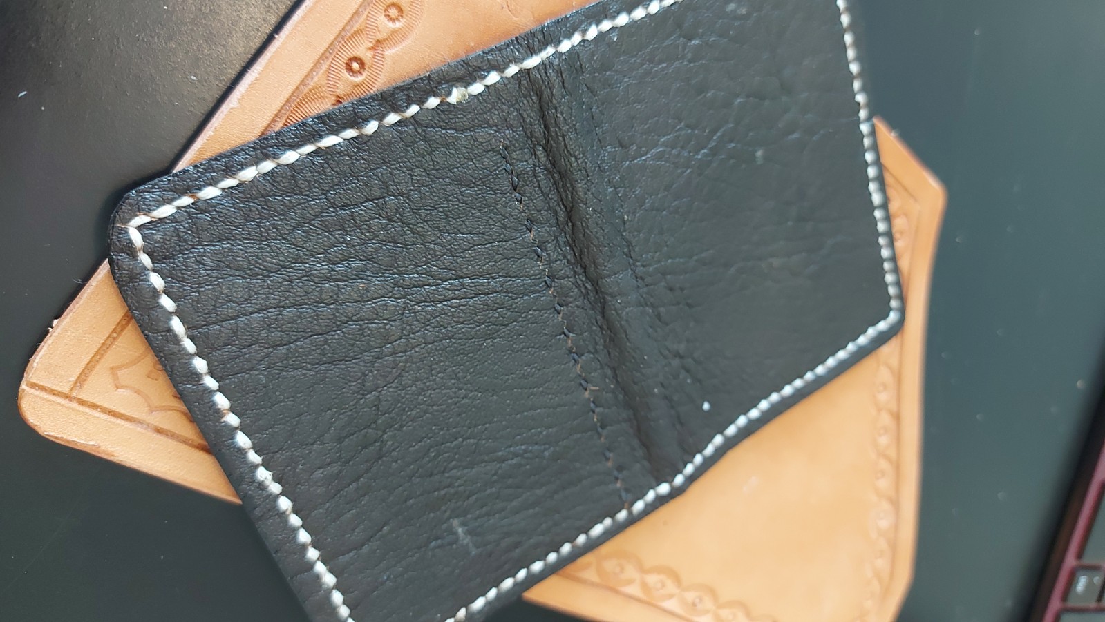 medium leather wallet cards and bills rfid black unisex white stitching 3″x4″