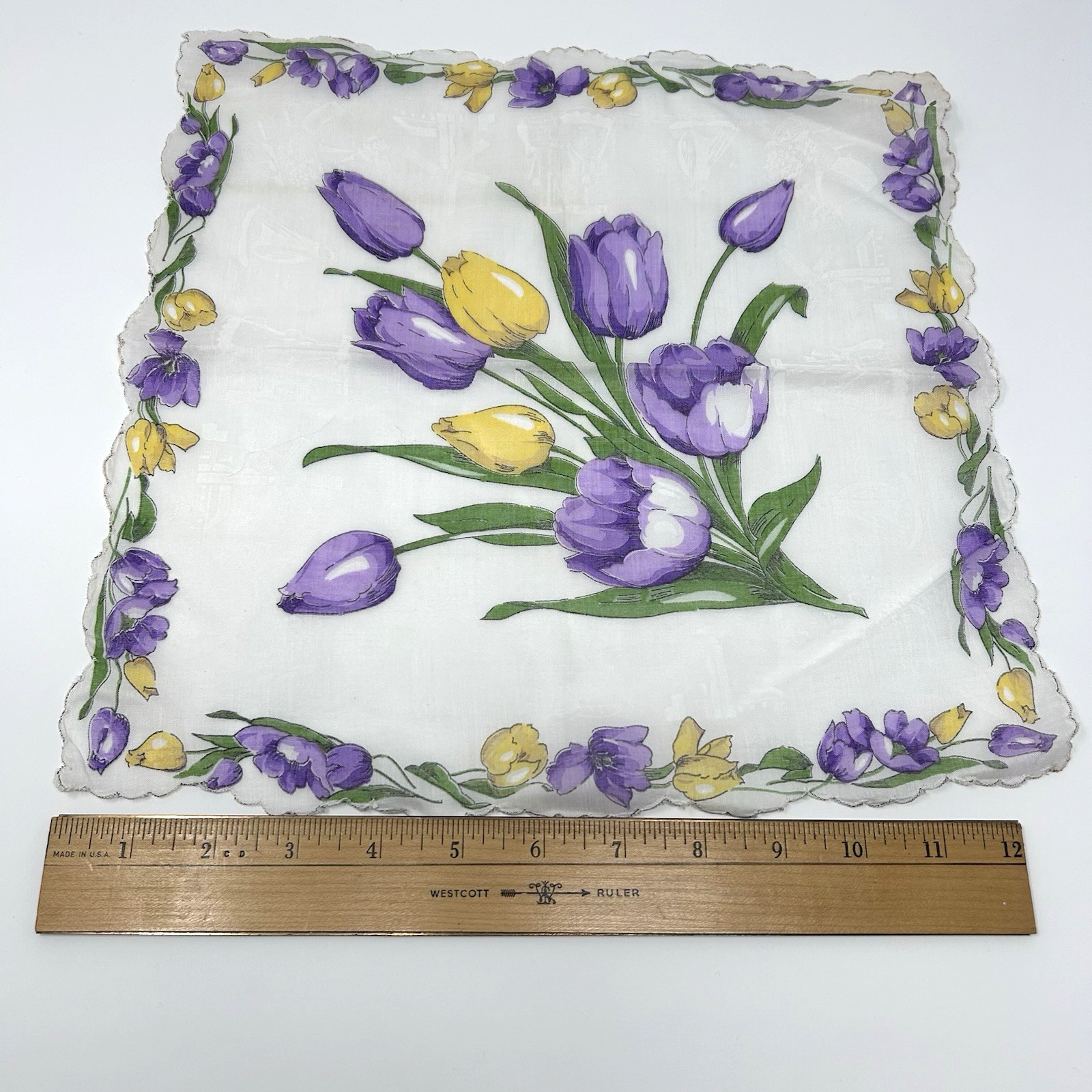 Vintage 1950s Purple Yellow Tulips Handkerchief Dutch Windmill Ship 12.75″