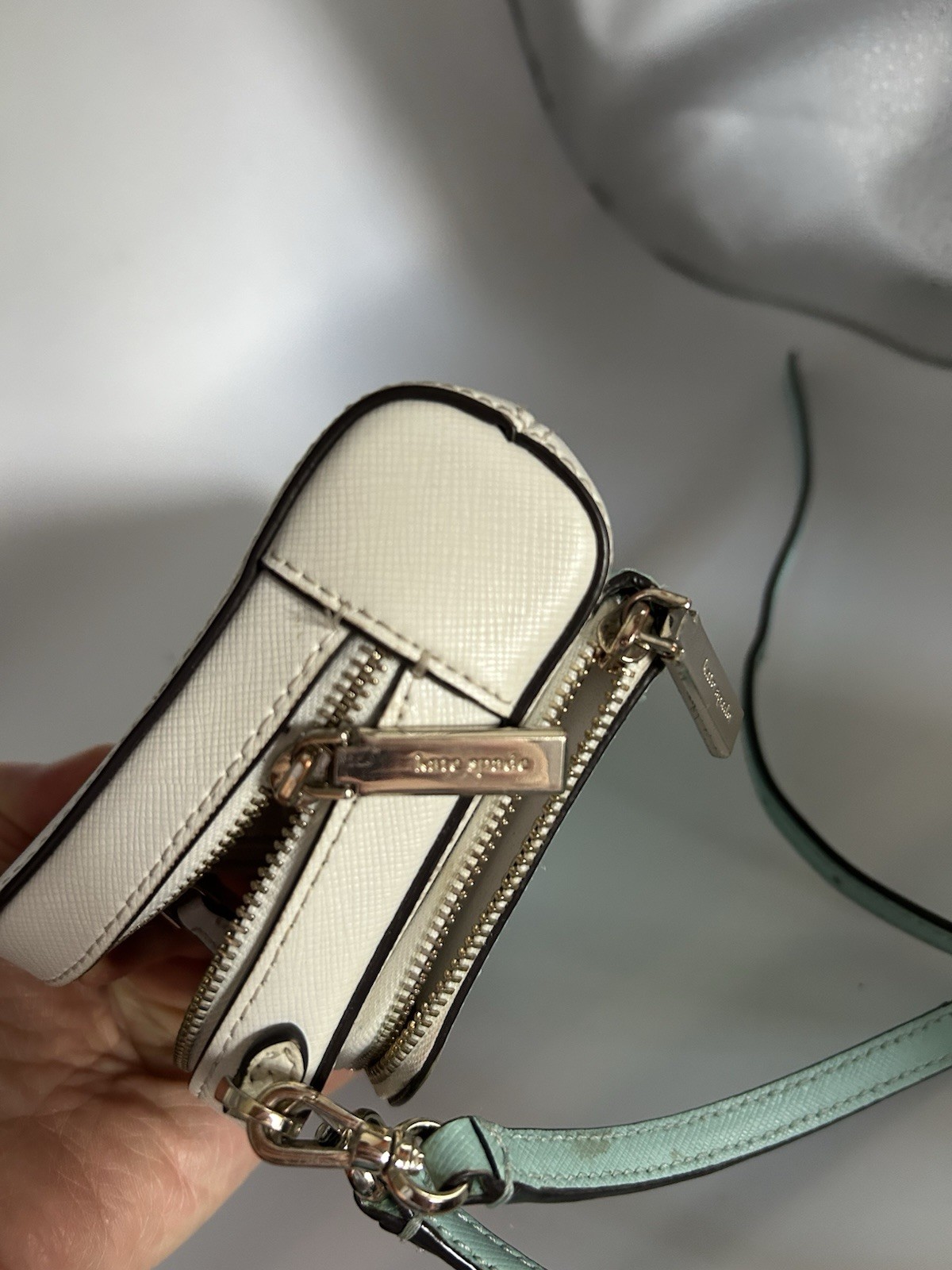 Kate Spade Turquoise and White Zip-Around Small Leather Crossbody Bag