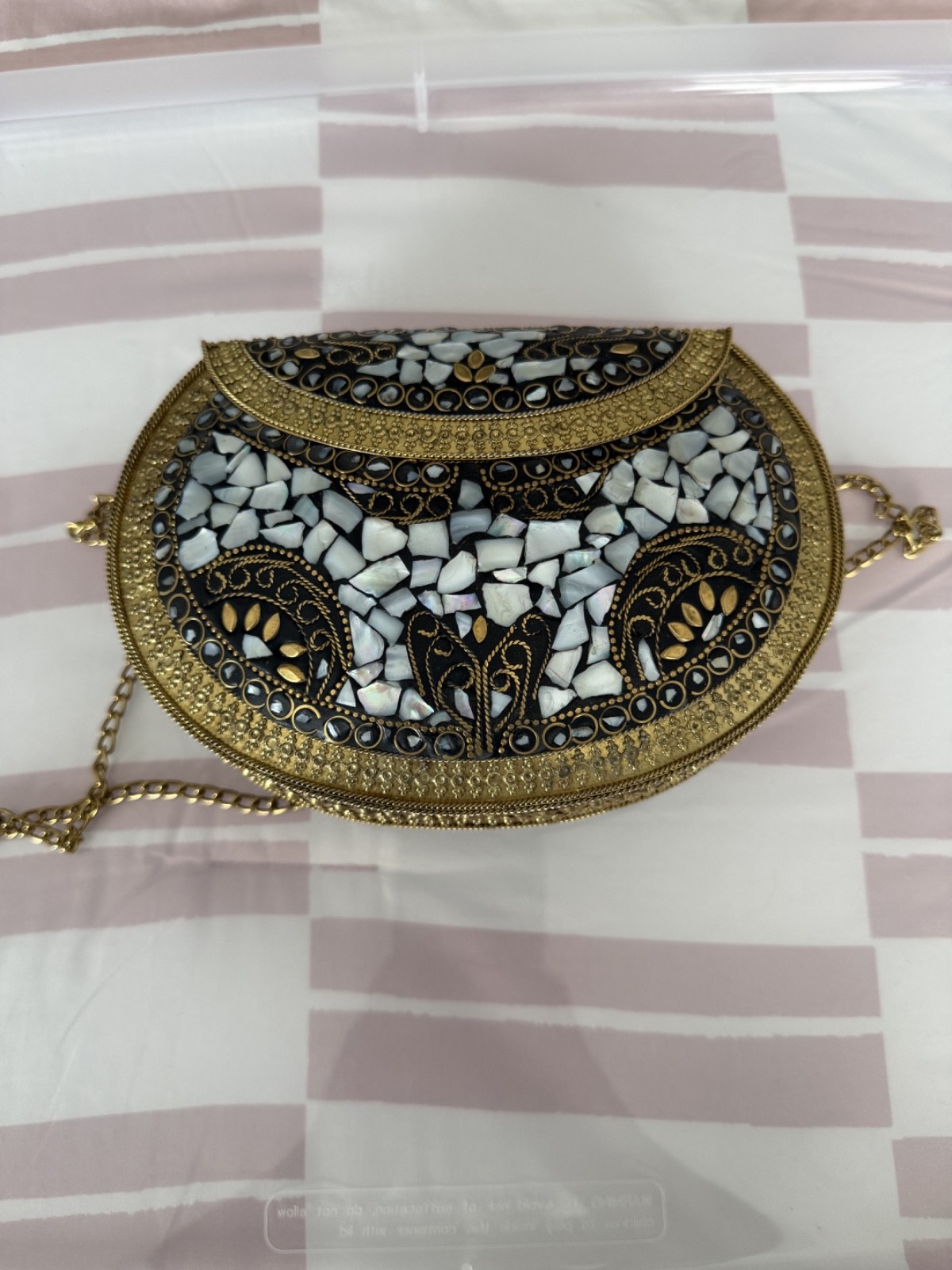 Vintage Mosaic Clutch Bag | Gold Black Pearl Shell Evening Purse Crossbody