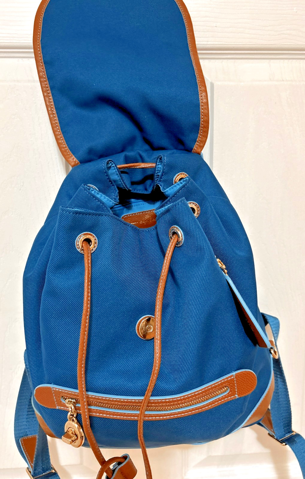 Coach Sawyer Backpack 37240 Canvas Nylon Leather Bright Mineral Blue Drawstring