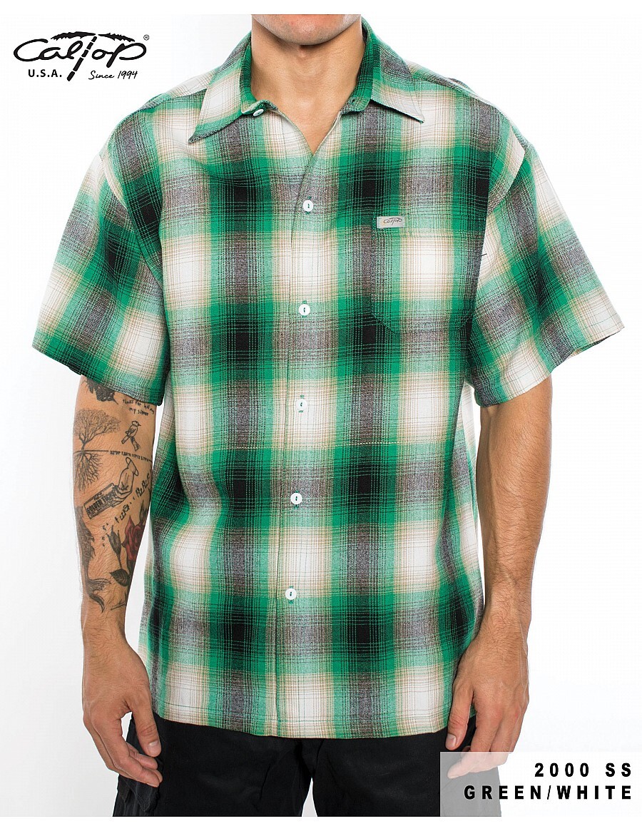 CALTOP OLD SCHOOL FLANNEL VETERANO SHORTSLEEVE SHIRT PLAID SM-5X GANGSTER
