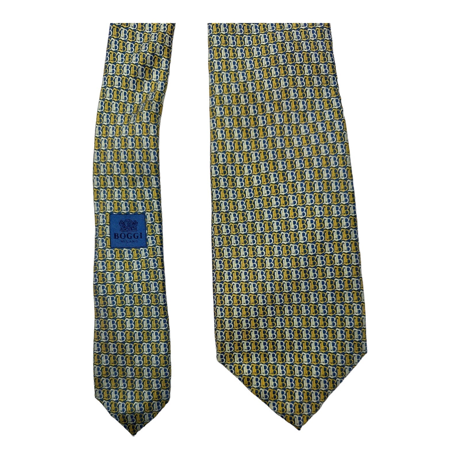 Boggi Milano Blue Yellow Monogram Pure Silk Mens Tie 3.5 Inches