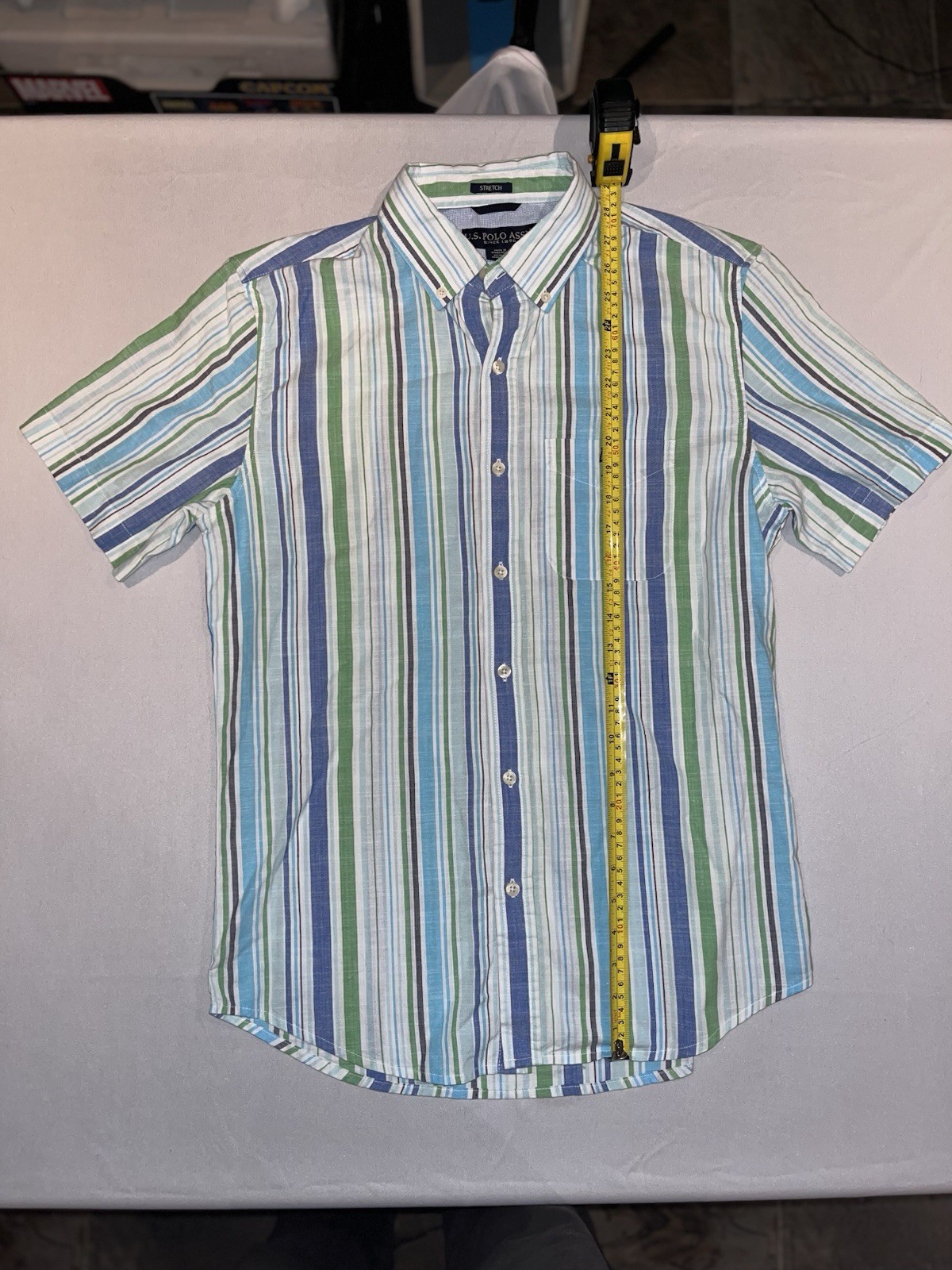 U.S. Polo Assn. Striped Button-Up Shirt S Blue Green White Short Sleeve Stretch