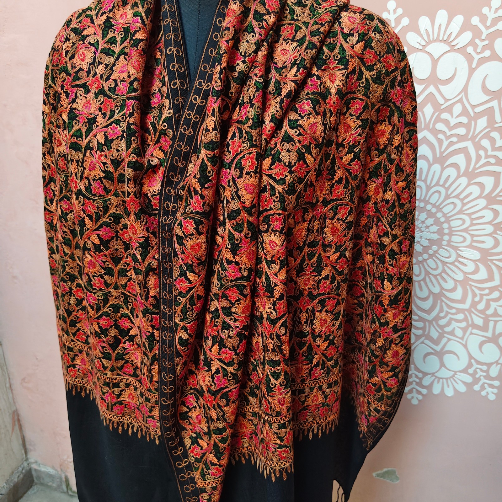 KASHMIRI BLACK CREWEL ALL EMBROIDERED FLORAL SILK PASHMINA STOLE