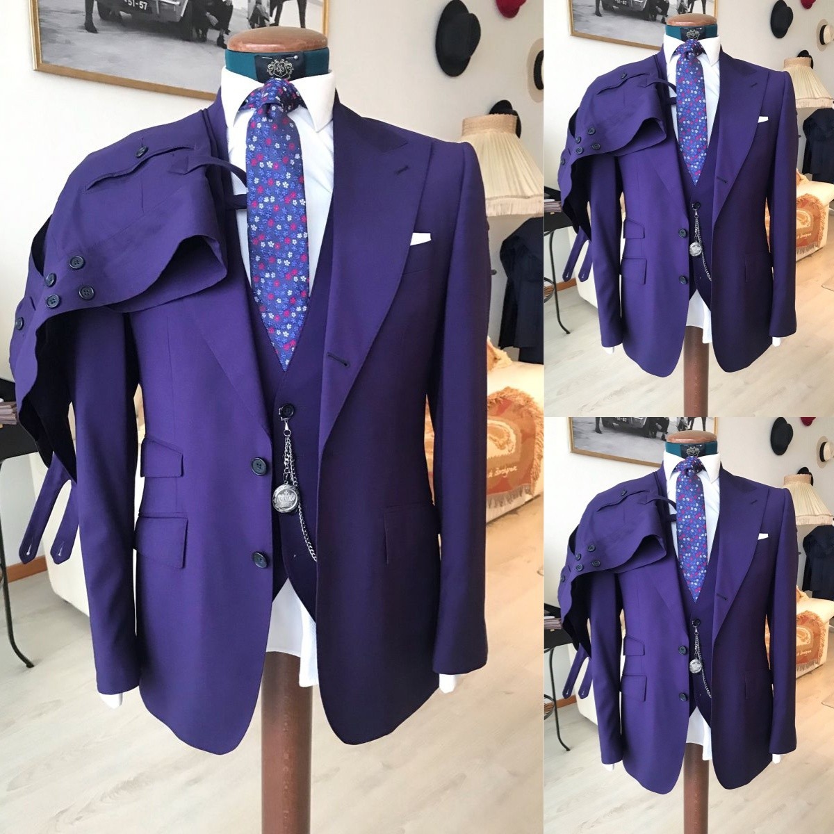 Wide Peak Lapel Men’s Suits 3Pcs Navy Blue Business Coat Dinner Formal Jacket