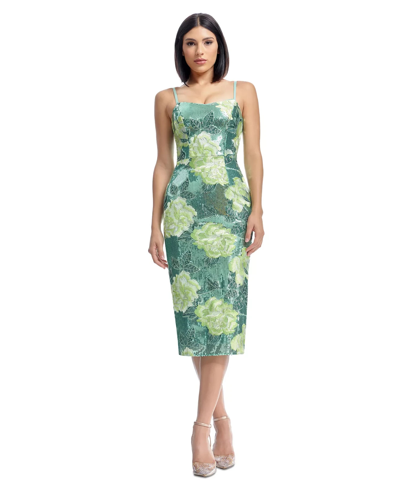 Dress The Population Blakely Floral Embroidered Sequined Midi Dress Medium $328