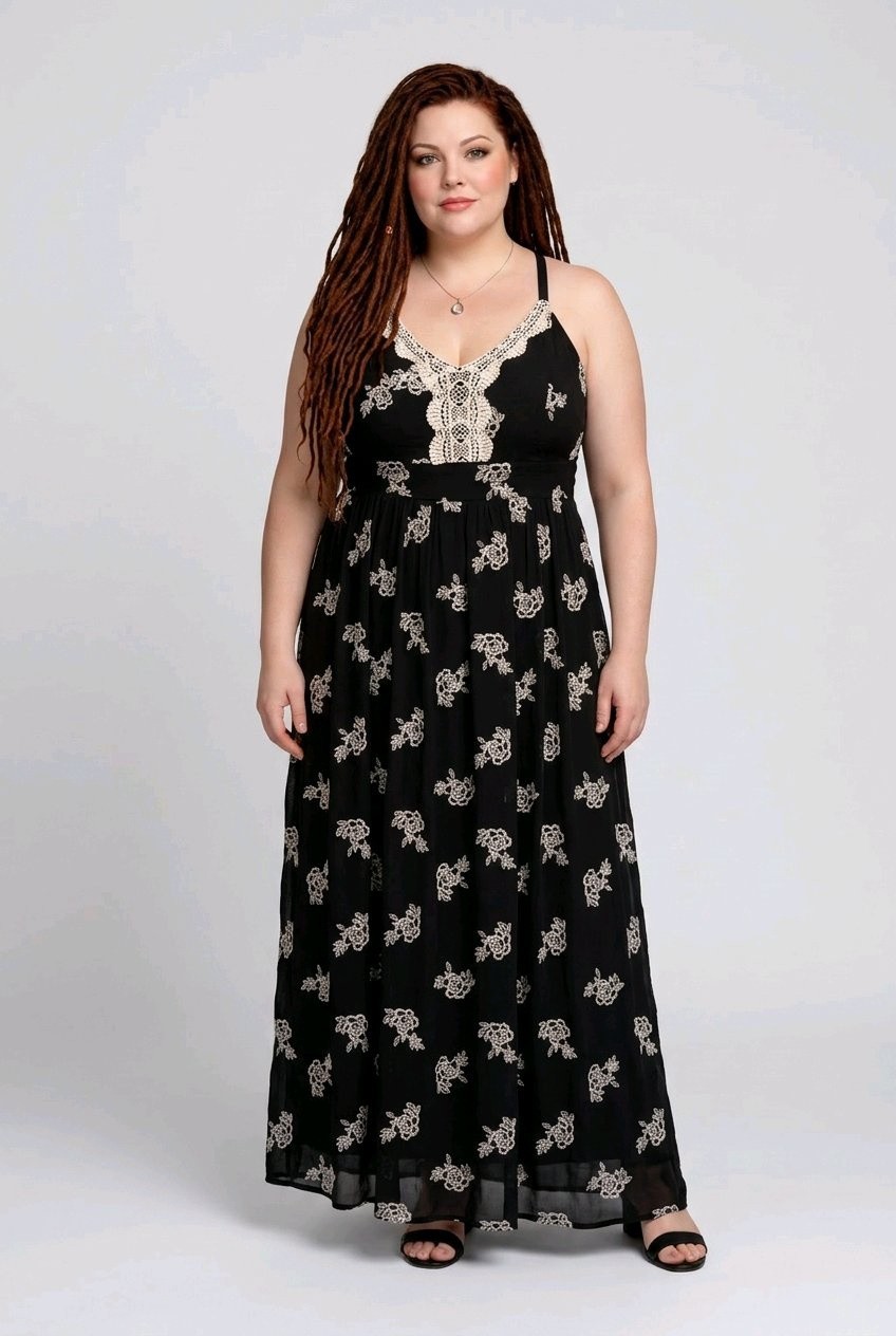 TORRID Size 1 (14/16W) Embroidered Black Strappy Maxi Dress