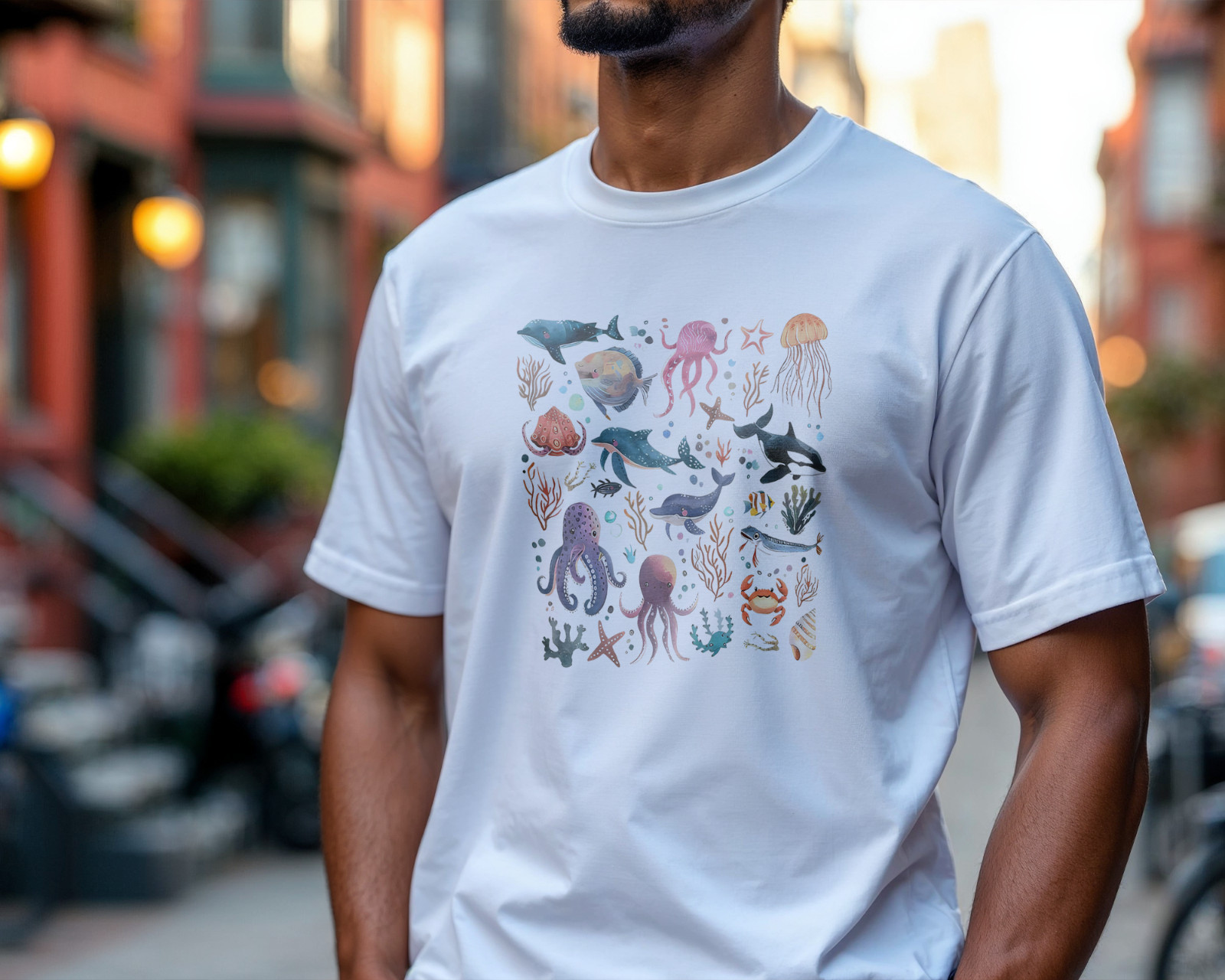 Ocean Animals Graphic T-Shirt Sea Life Illustration Tee Marine Creatures A63