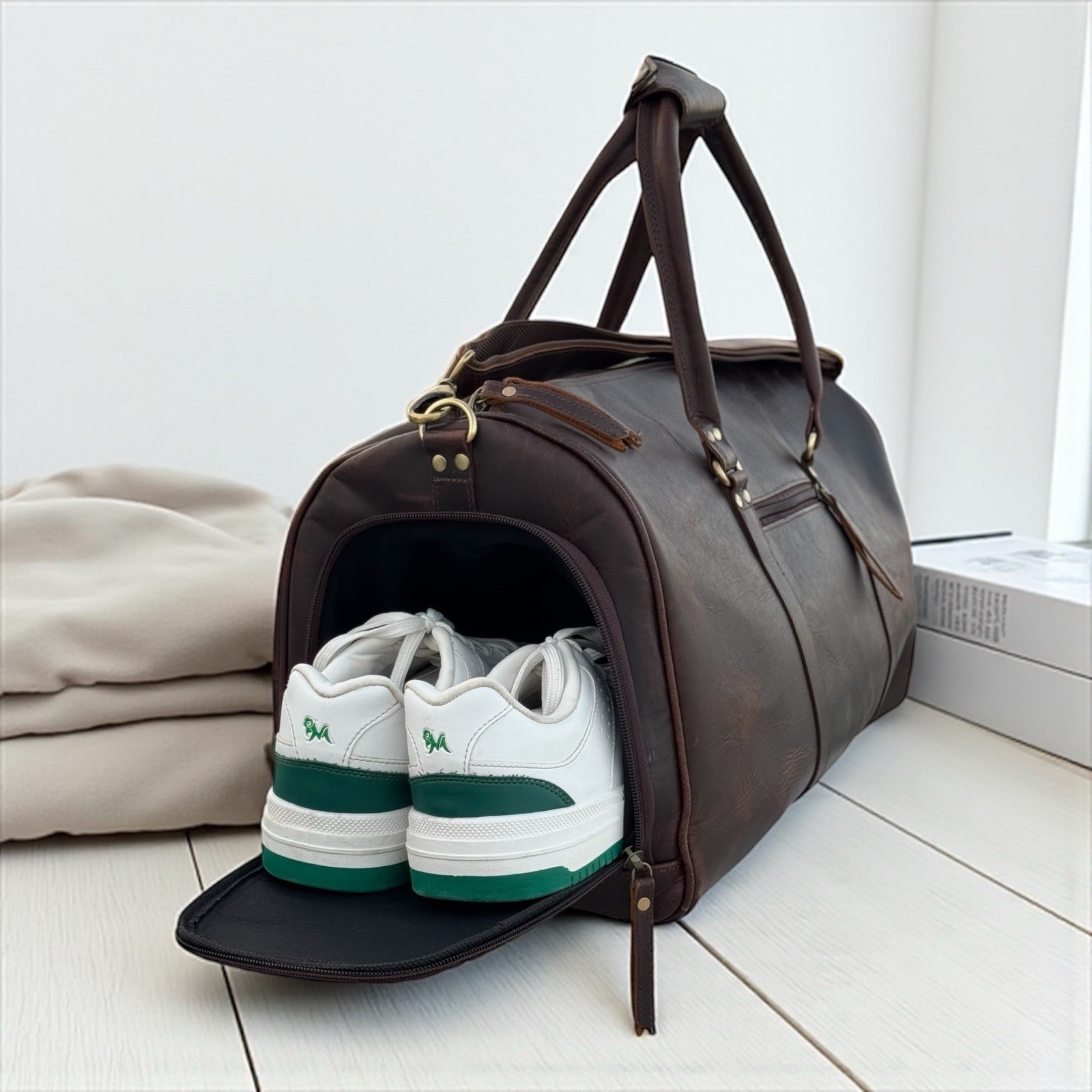 Leather Duffle Bag For Men Gym Bag With Shoe Compartment