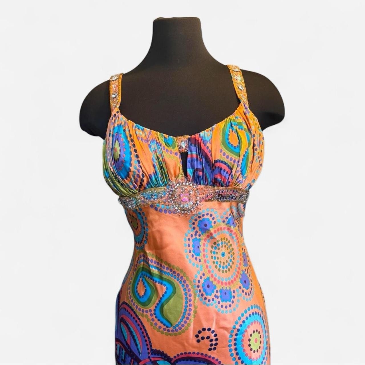 Femme Paris Multicolor Geometric Silk Satin Beaded Strap Maxi Dress Size 6