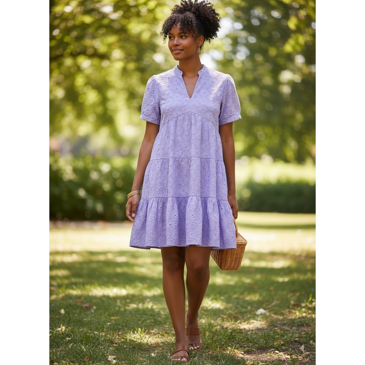Eyelet Tiered Dress Women Large Lavender Short Sleeve Babydoll