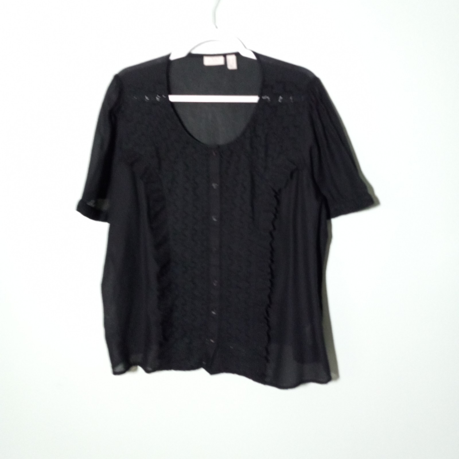 LOGO by Lori Goldstein Button Top Blouse size 1X, Black Lace Eyelet Sheer Ruffle