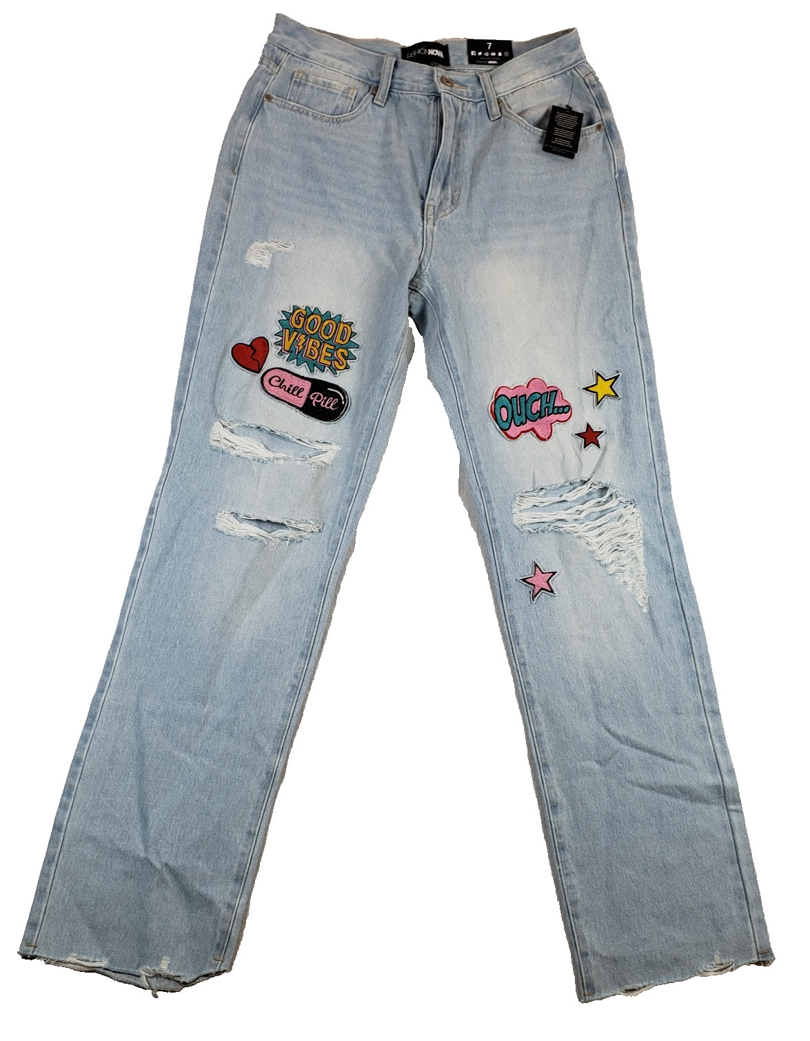 Fashion Nova Womens Size 7 Light Blue Wash Patched In Pop Art Straight Leg Jeans