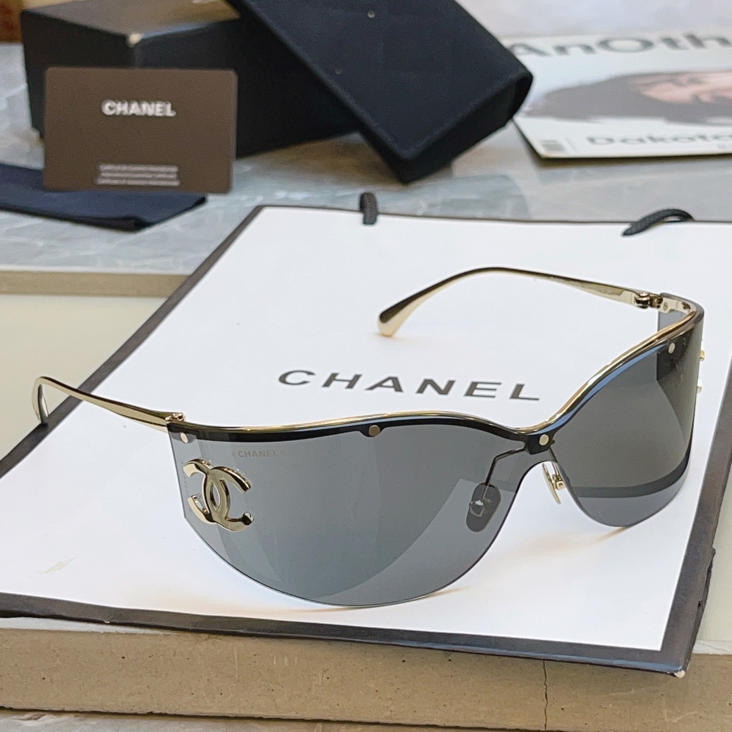 Chanel CH6058 Gold Shield Sunglasses Dark Grey Mirror Lens Large CC Logo Women
