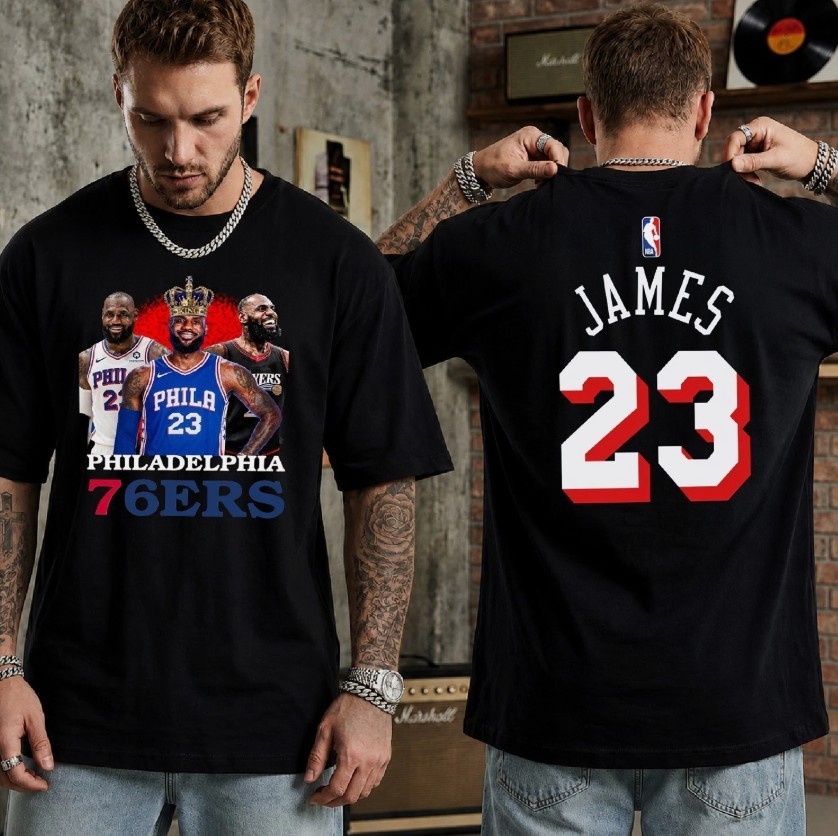 HOT!! LeBron James Philadelphiaa 76ers Mitchell & Ness King Arrived T-Shirt