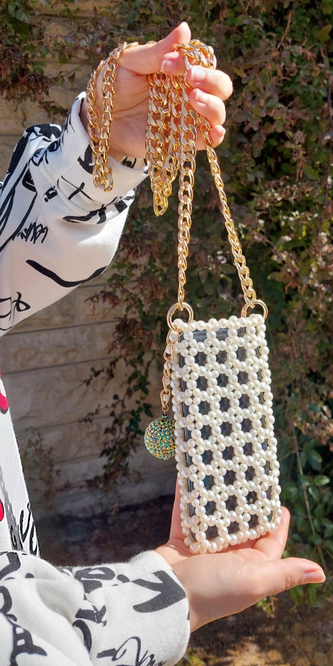 Handmade Pearl Beaded Cell Phone Bag with Gold Chain, Mobile Phone Bag Crossbody