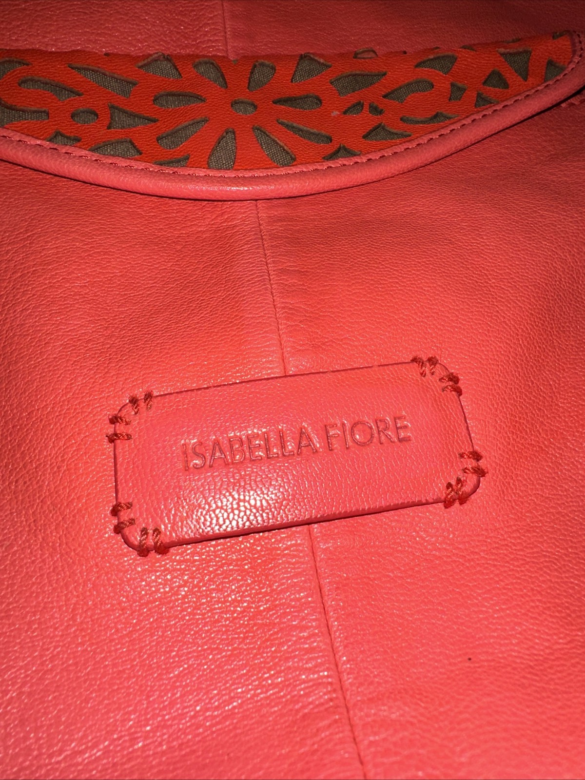 Isabela Fiore Coral leather laser cut Tote Handbag EUC Medallion front slouchy