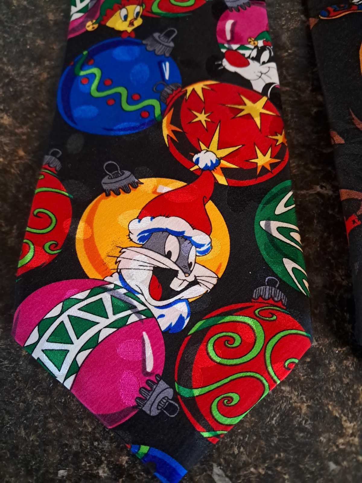 Vntg 1990s Looney Tunes Ties Lot Of 3- 2 Christmas Silk & 1 Any Season Polyester