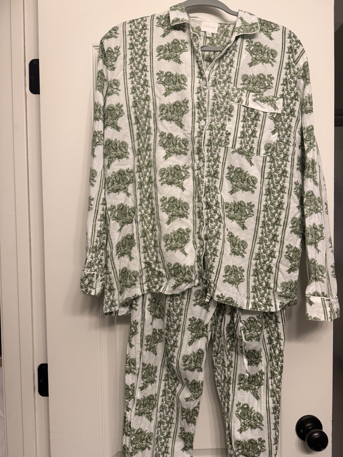 DARLING Loungewear Pajama Set – Floral Garden Green Button Long Sleeve – Size M