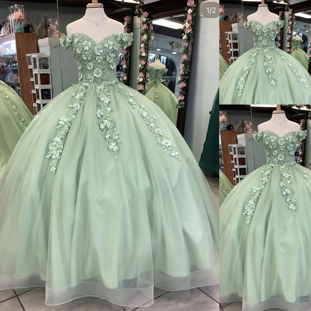 Light Green Quinceanera Dress 3D Flower Off-Shoulder Sweet Ball Gown-
