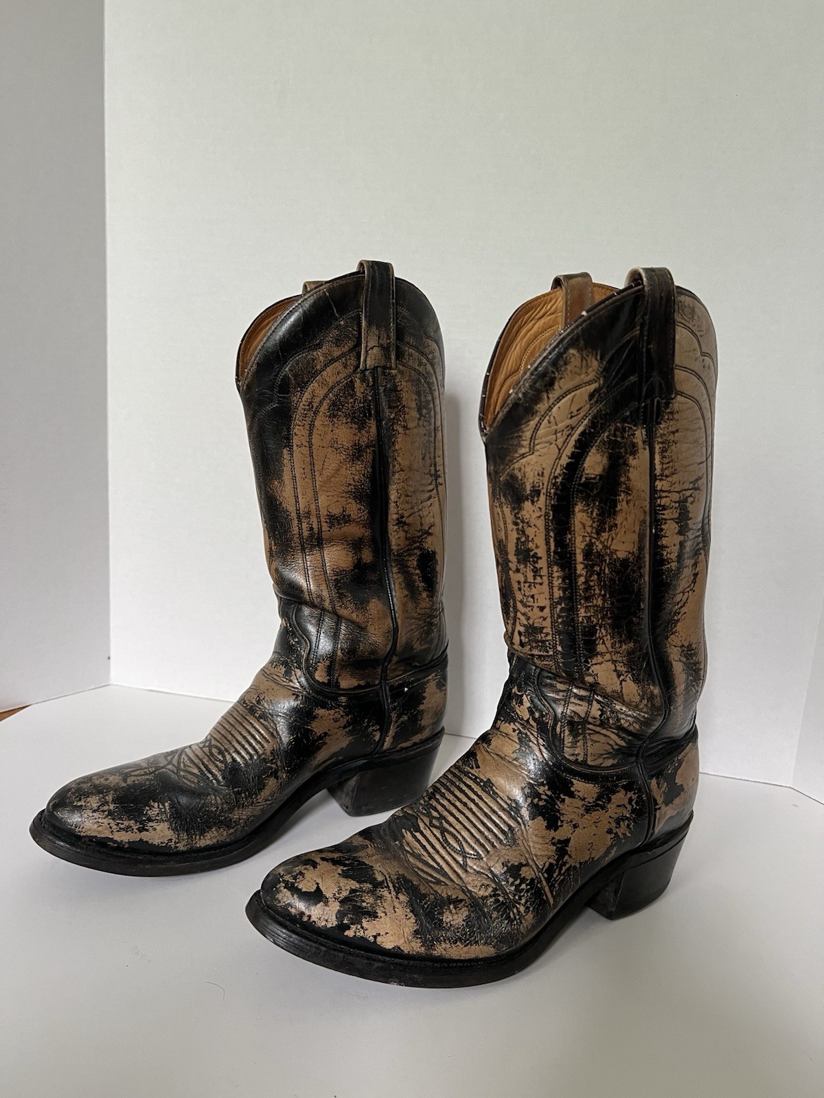 J Chisholm Distressed Tan Black Western Leather Cowboy Boots USA Mens 9D