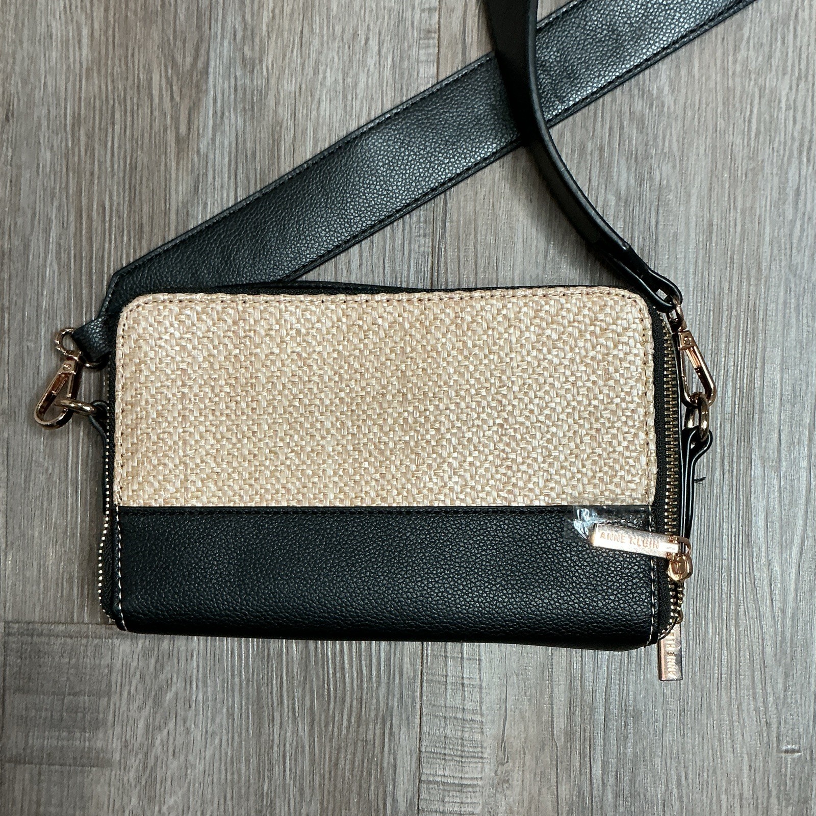 Anne Klein Woven Black/Beige Crossbody Bag Double Zip, Detachable Strap