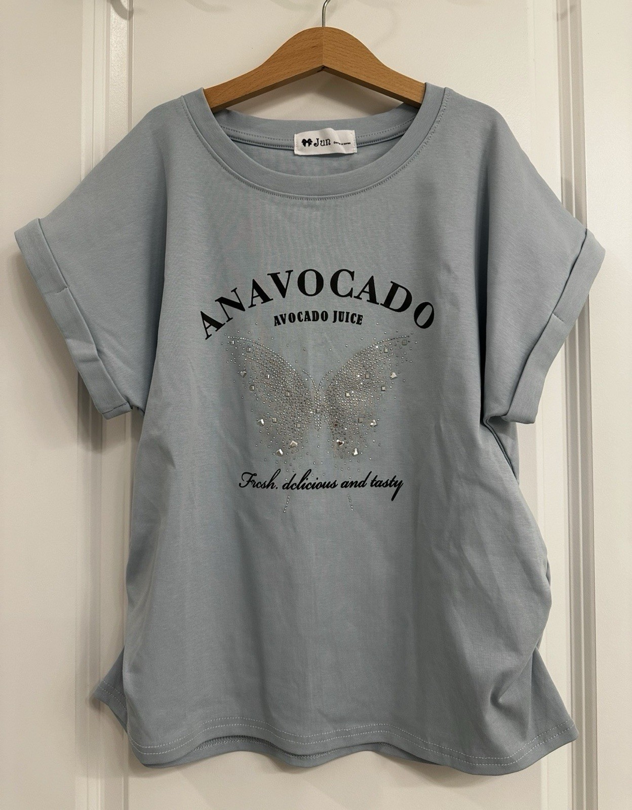 Korean Y2K Pastel Blue Ruched Graphic Tee Sequin Butterfly Cute Aesthetic NWOT