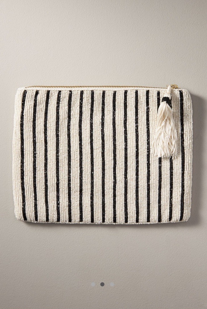 Anthropologie The Fiona Large Beaded Pouch White Black Graphic Veggie Print