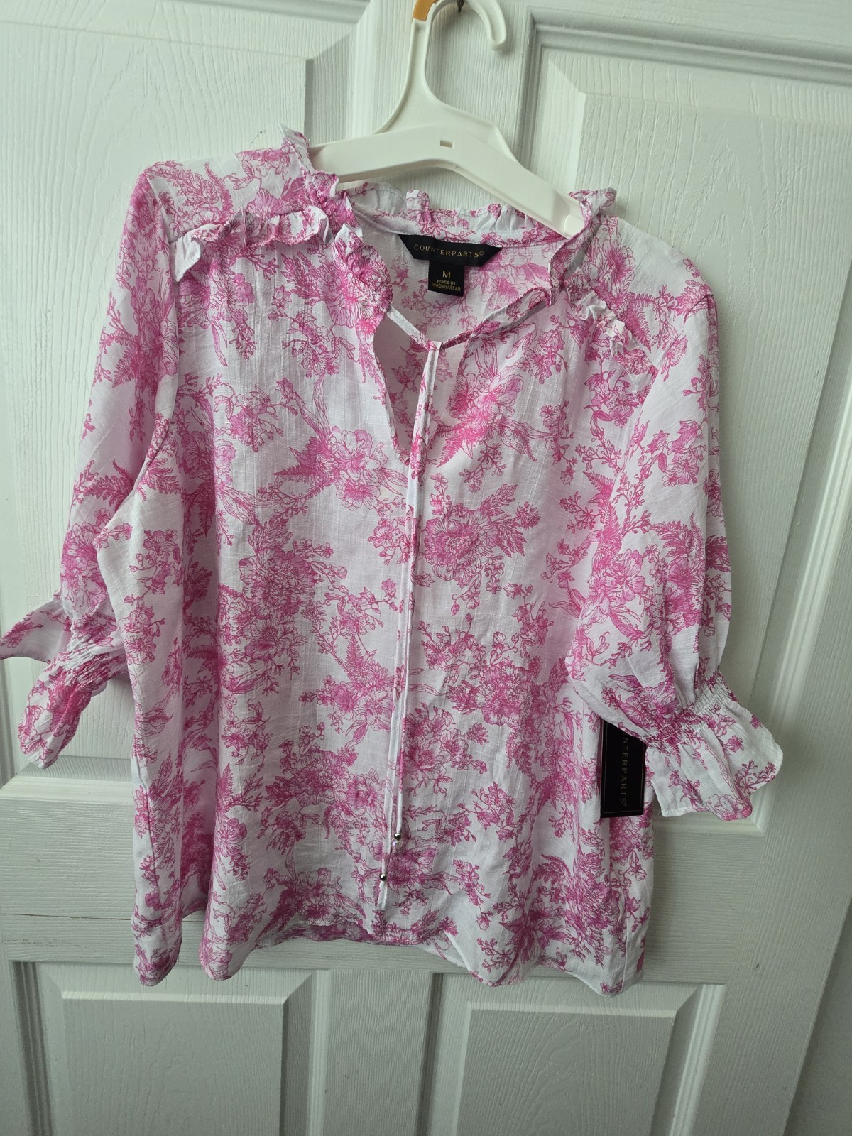 Counterparts Pink White Floral Ruffle Round Neck Roll Tab 3/4 Sleeve Blouse M