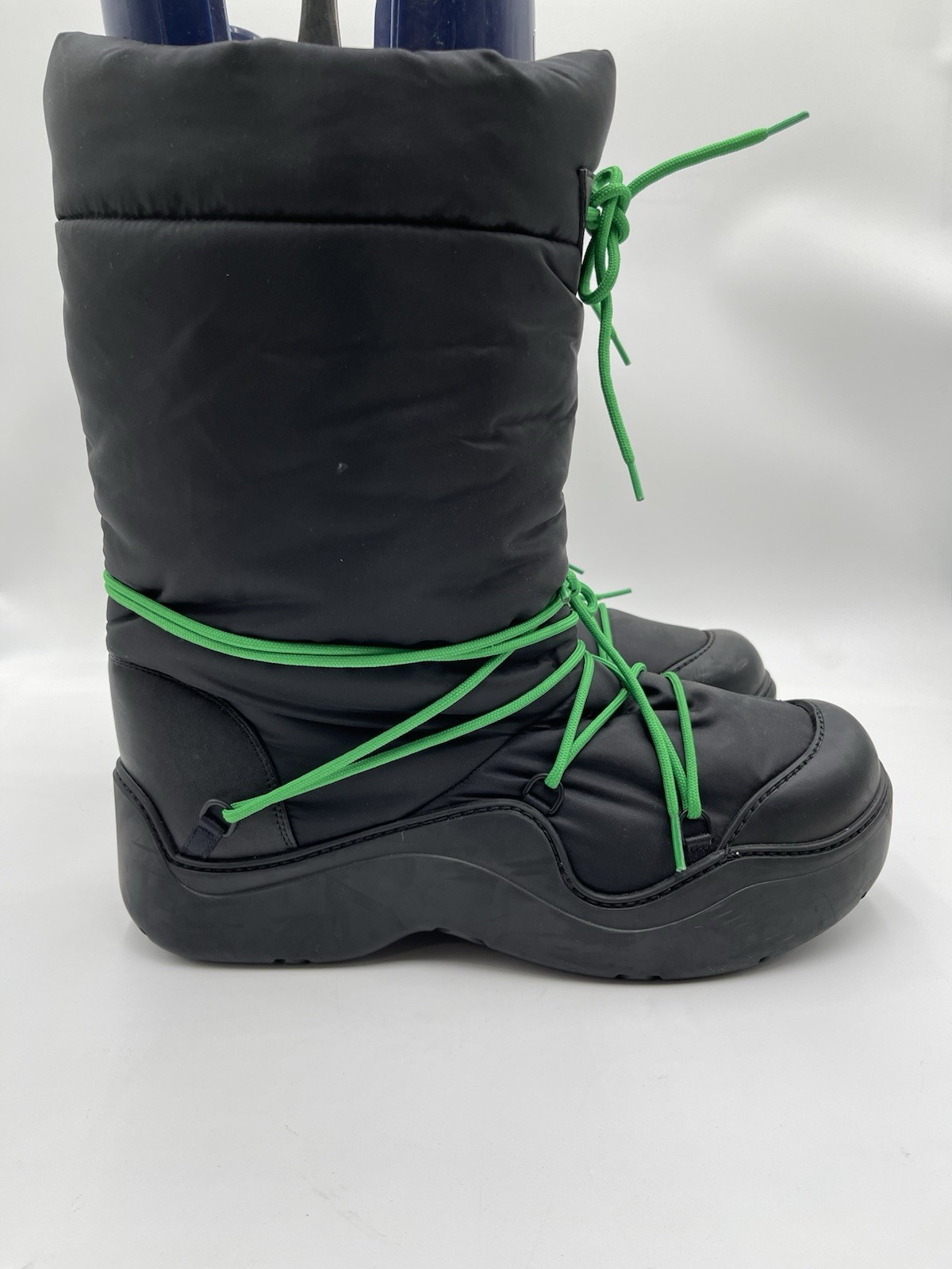 Bottega Veneta Puddle Bomber boots in black nylon parakeet green laces Size 46